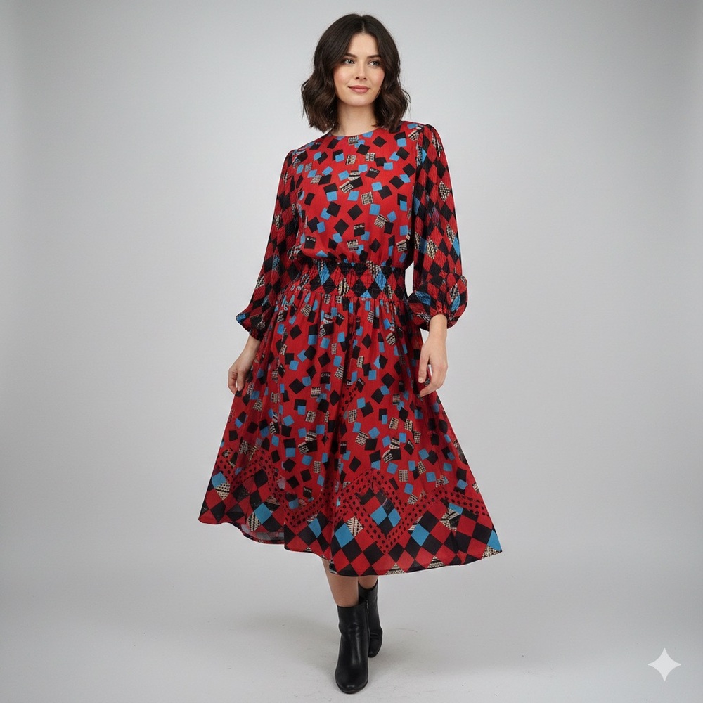 Diane Freis Original Vintage 80s Red Geometric Print Georgette Midi Dress Size M